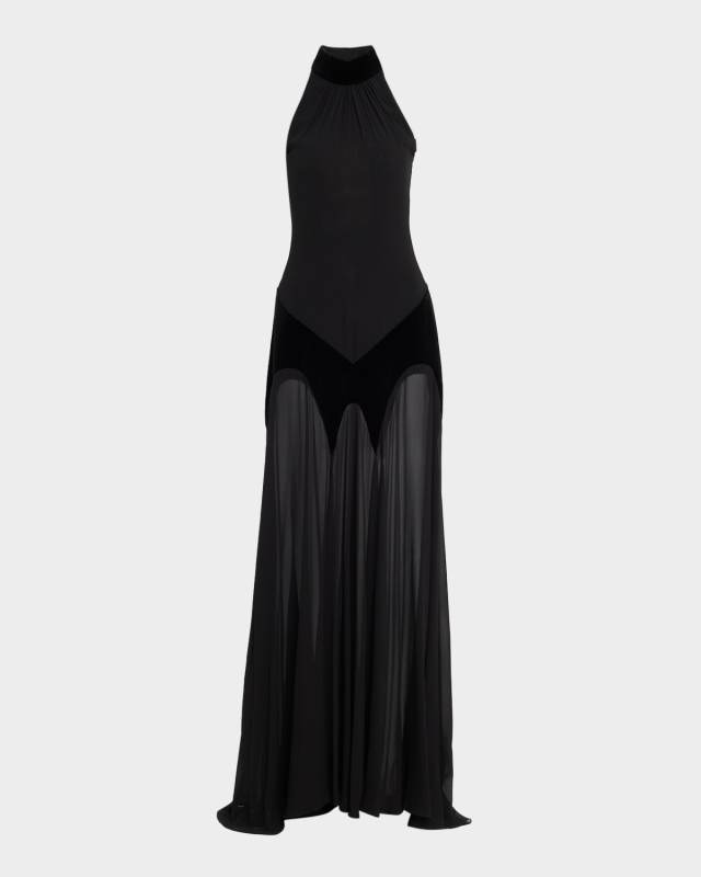 Silk Georgette And Velvet Halter Gown